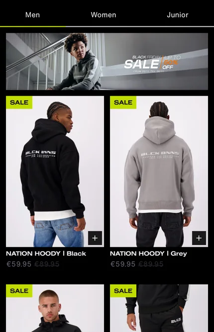 The screen Fuego AI built for that prompt: a Black Friday sale page with Men, Women and Junior tabs and a grid of hoodies